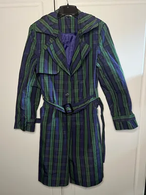 Vintage Jeffrey Banks Plaid Trench Coat Longline Belted Green Purple Size M thumbnail 2
