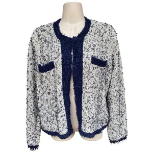 J.Crew Sz M contrast tweed white Navy Open front cropped jacket blazer cardigan thumbnail 4