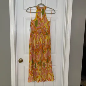 Milk & Honey Brightly Colored Geometric‎ Pattern Pleated Halter Dress Small NEW thumbnail 12