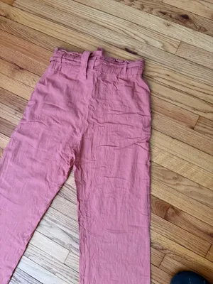 Thread & Supply Linen Pleated Belt Paperbag High Waist Wide Trousers Sz L Rose Pink crinkle texture tie waistband ruffled flowy coastal thumbnail 5