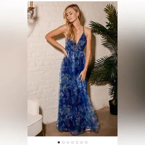 NWT Lulus Bloom Wildly Maxi Dress Sz Small Navy Blue Floral Organza Sleeveless thumbnail 3