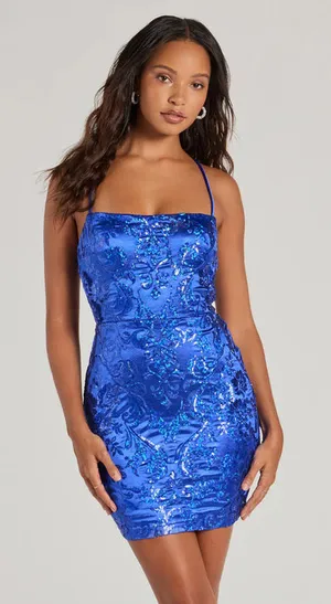 Windsor Royal Blue Bella Lace-Up Sequin Satin Mini Dress thumbnail 1