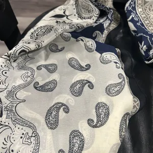 100 % silk Paisley Scarf in Navy & Cream thumbnail 5