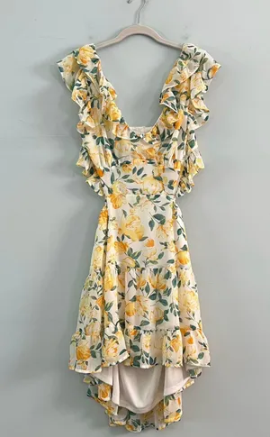 NWT Yellow Floral Print Flutter Sleeve Ruffle Cutout White Dress thumbnail 5