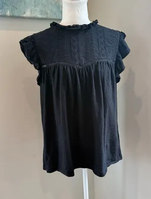 Eri+Ali Black Ruffled Yoke Eyelet Cap thumbnail 1