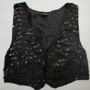 At Once Vintage Black Silk Beaded and Sequined Cropped Vest, Size Large thumbnail 1