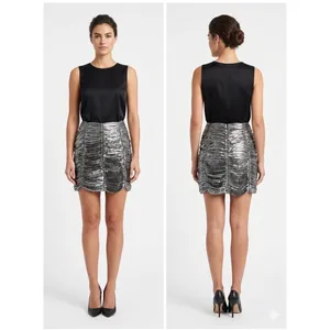 Aqua Bloomingdale's Exclusive‎ Metallic Silver Ruched Mini Skirt XS NEW thumbnail 2