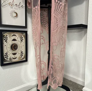 American Flirt Pink Lace Duster Kimono Sheer Mesh Long Cardigan thumbnail 4