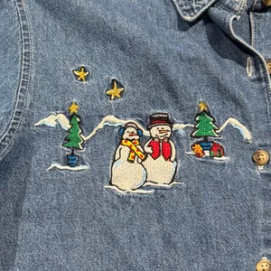 Vintage Basic Editions Holiday Top Denim Embroidered Festive 90s Button Medium Blue thumbnail 5