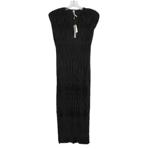 By ANTHROPOLOGIE Black Ruched V-Neck Side Slits Midi Dress Plissé Finish Size XS thumbnail 3