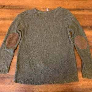 Alya sweater women’s large hunter green brown elbow patches open knit thumbnail 5
