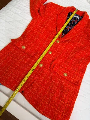 Zara Orange Bouclé Tweed Blazer Gold Button Preppy Quiet Luxury Old Money Size L thumbnail 8
