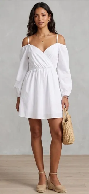 superdown x Revolve Leia Off Shoulder White V Neck Cotton Mini Dress XS thumbnail 1