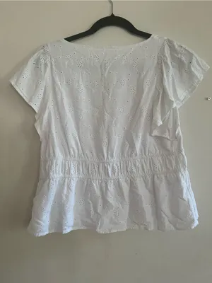 100% Cotton White Eyelet Button Up Peplum Top Medium Cottagecore Coastal thumbnail 4