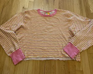 Big Bud Press Cropped Pink Yellow Striped Long Sleeve Thermal Sz XL thumbnail 1