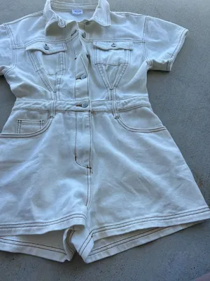 LELIS‎ Collection Off White Denim Romper Utility Belted Women’s Size S thumbnail 6