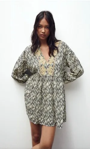 Zara Mini Dress Womens Medium‎ Black White Boho Embroidered V-Neck Ikat Babydoll thumbnail 1