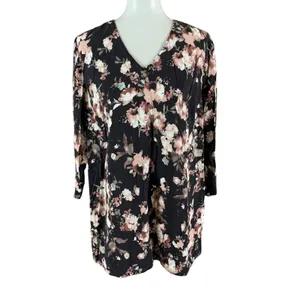 J Jill Floral Tunic Dress XL Black Pink Long Sleeve Cottagecore Stretch Soft thumbnail 2