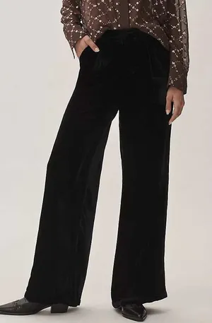 Anthropologie‎ Velvet Solid Wide Leg Pants Black Goth Elegant Size 4 thumbnail 1
