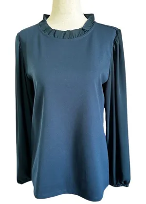 Ann Taylor Women Small Dark Teal Ruffle Neck Puff Long Sleeve Blouse Top | 0143 thumbnail 1