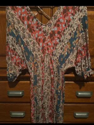 ODDY Boho Floral Mini Dress – Rust Teal Cream V‑Neck Flutter Sleeve Dress thumbnail 2