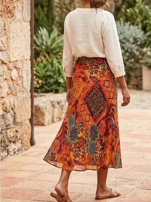 Coldwater Creek Orange Floral Patchwork Midi Skirt thumbnail 2