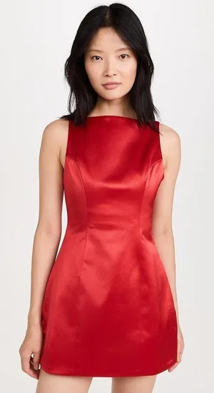 Retrofête Livie Dress Red Satin Boat Neck Mini Cocktail Dress Size S thumbnail 1