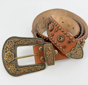 VTG Y2K Studded Western Women Belt XL Amber Accents Bronze 100% Italian Leather thumbnail 1