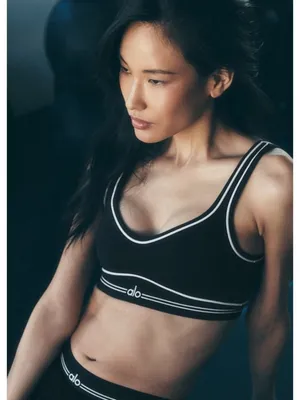 Alo Airbrush Heart Throb Bra Black White Padded Seamed Sports Cropped Bralette thumbnail 1