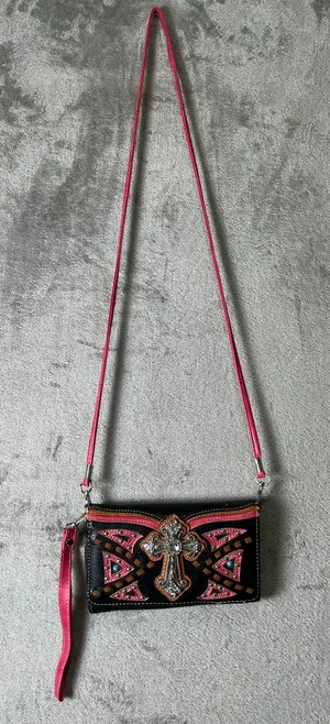 Western Rhinestone Cross Tri-Fold Wallet Crossbody Studded Cowgirl Rodeo Purse thumbnail 1