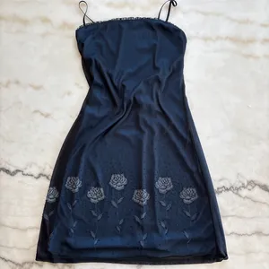 Vintage 90s The Original USA Blue Ombre Mesh Overlay Embroidered Rose Dress L thumbnail 3