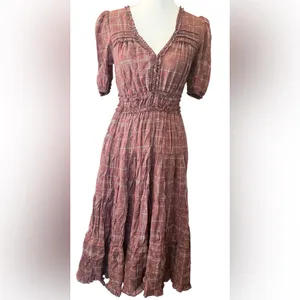 by the RiverTiered Puff-Sleeve Midi Dress in Warm Brown size S thumbnail 2