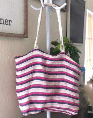 Striped tote bag with white, pink and blue stripes beach bag fully lined. thumbnail 1