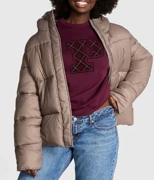 Victoria's Secret PINK Marshmallow Puffer Jacket Taupe Hooded Coat Large thumbnail 1