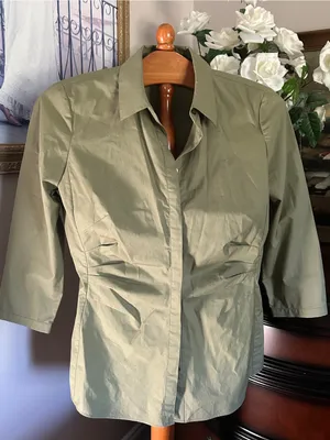 Lafayette 148 New York Olive Green Slim-Fit Cotton Button Front Shirt thumbnail 1