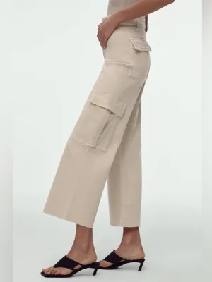 ZARA High Waisted Marine Cargo Jeans Raw Hem Khaki Beige Wide Leg Retro‎ Size 14 thumbnail 4