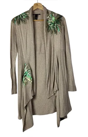 INC International Concepts Brown & Green Sequin Embellished Cardigan Sweater S thumbnail 1