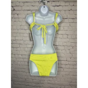 Hurley Crochet Soft Strap‎ Bikini Set Yellow Cheeky Coverage Swimsuit size XS thumbnail 4