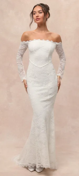NWT Lulus Beloved Promise White Lace Off-the-Shoulder Mermaid Dress Bridal Sz M thumbnail 1