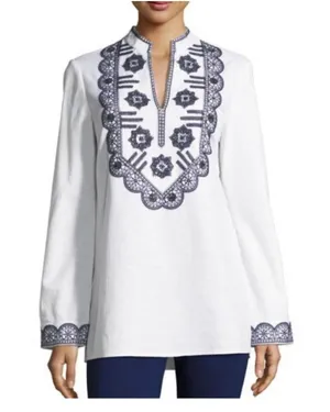Tory Burch Richa Tunic Top Size 8 White Navy Blue Embroidered thumbnail 1