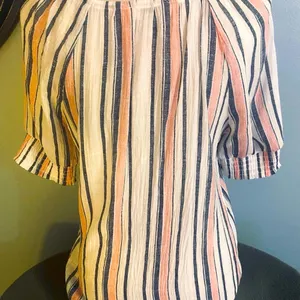 Ruffled Navy & Pink Striped Puff Sleeve Top with Tie Front thumbnail 4