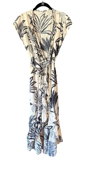 Tropical Palm Print Wrap Dress Cream Black Ruffle High Low Midi Small‎ thumbnail 1