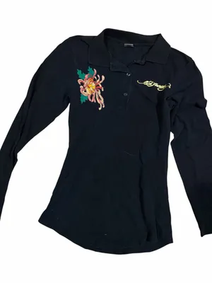 Ed Hardy Women’s M Medium Black Button Polo Long Sleeve Rhinestone Angel Shirt thumbnail 1