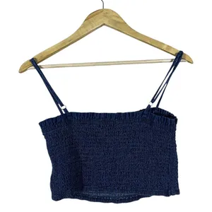 Abercrombie & Fitch Smocked Denim Look Crop Top Indigo Blue Boho Summer Size L thumbnail 3
