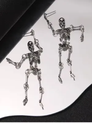 Skeleton Dangle Earrings Silver Tone Gothic Halloween Creepy Spooky Jewelry thumbnail 3