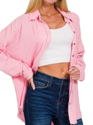 Zenana Pink Double Gauze Waffle Raw Hem Button Up Shirt thumbnail 1