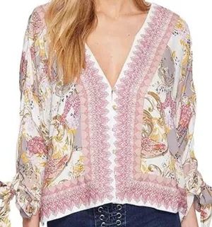 Free People Women's S Catch Me If You Can Boho Floral V-Neck Blouse - Pink Multi thumbnail 1