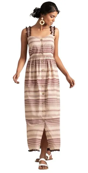 Indya Earthen Striped‎ Cotton Button Down Maxi Dress Boho NWT Size M Red Size M thumbnail 1