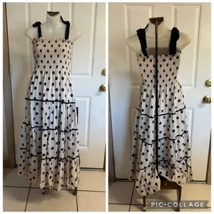 Large Aaron & Amber Beige/Black Dots Aston Smocked Bodice Midi Dress thumbnail 1