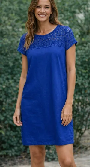 GAP Royal Blue Crochet Yoke Shift Dress Women’s Size S Short Sleeve Boho thumbnail 1